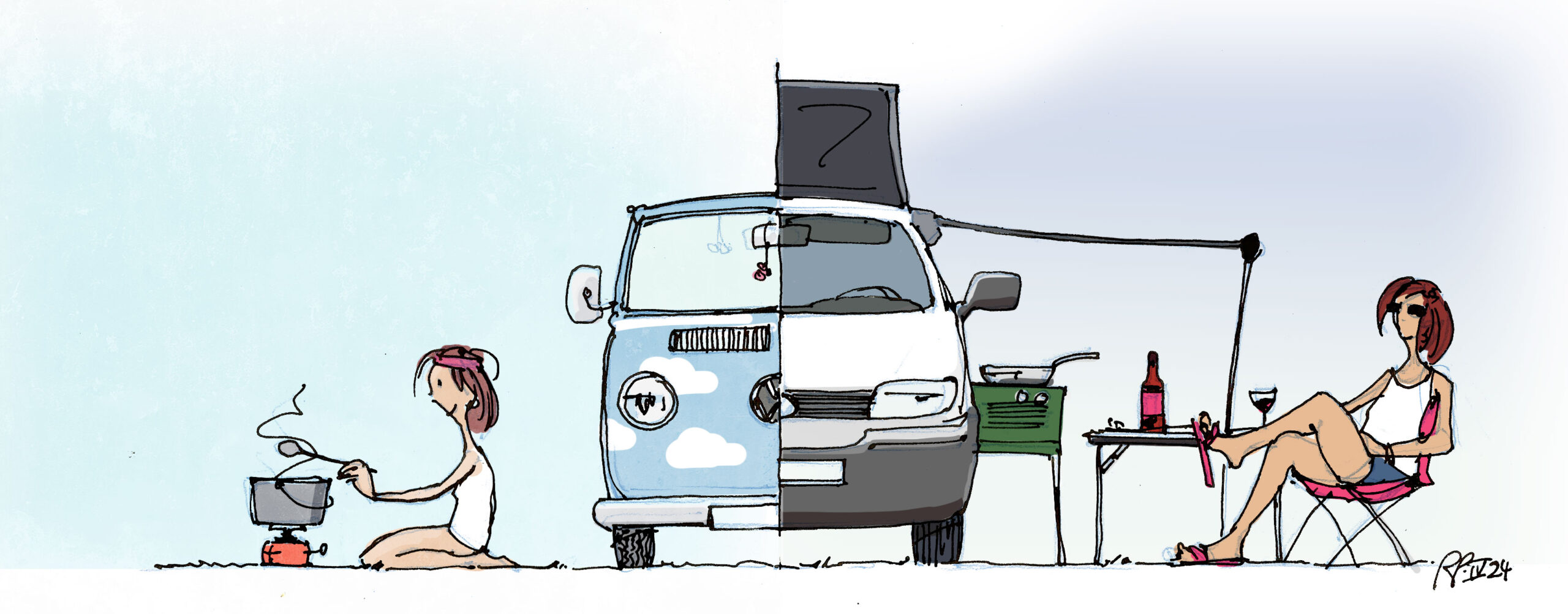 Illustration: links Suse in jung neben einem himmelblauen alten VW-Bus, rechts die heutige Supersuse neben einem nagelneuen Bulli